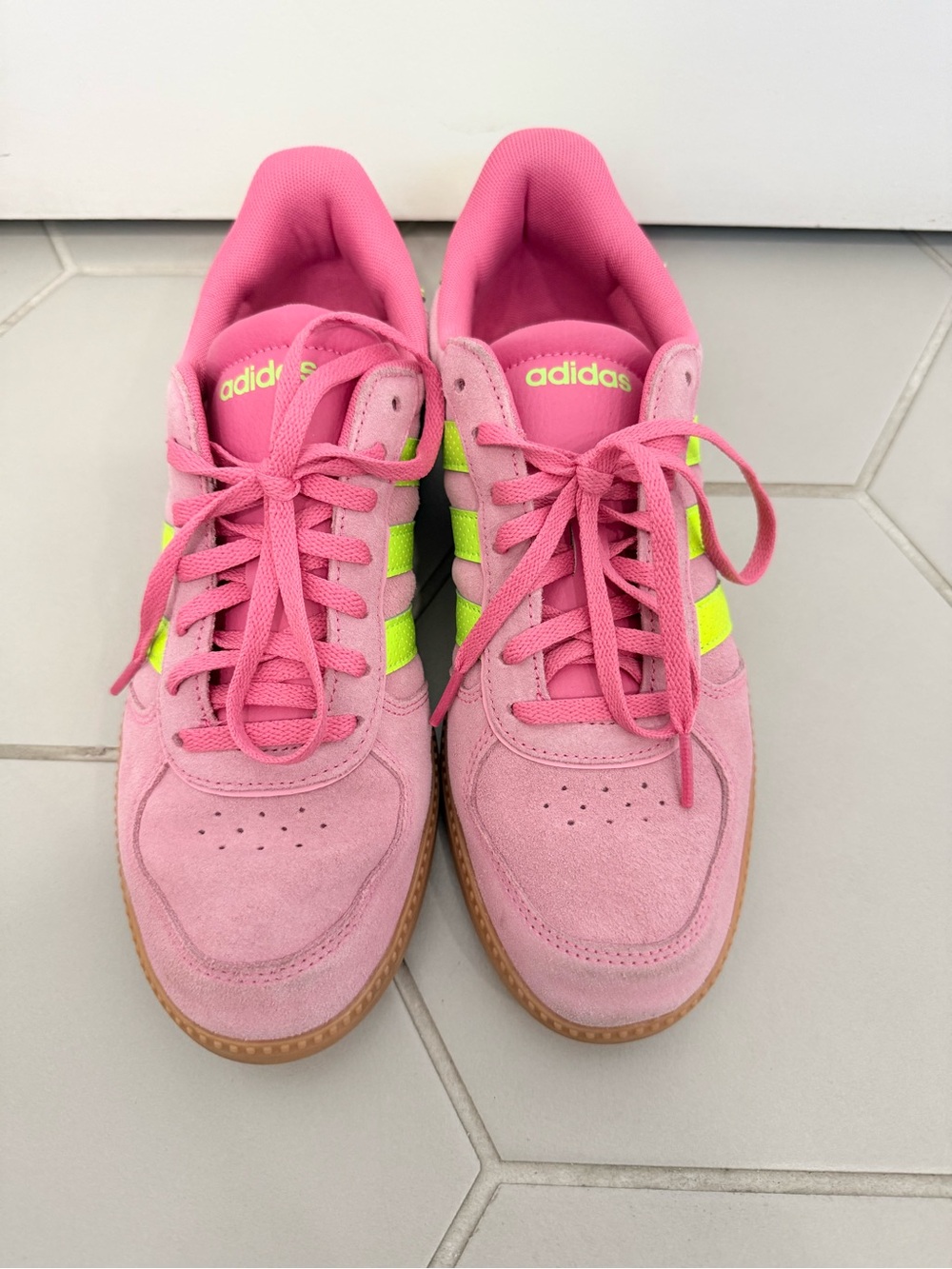 adidas Pink Suede Sneakers with Neon yellow Stripes